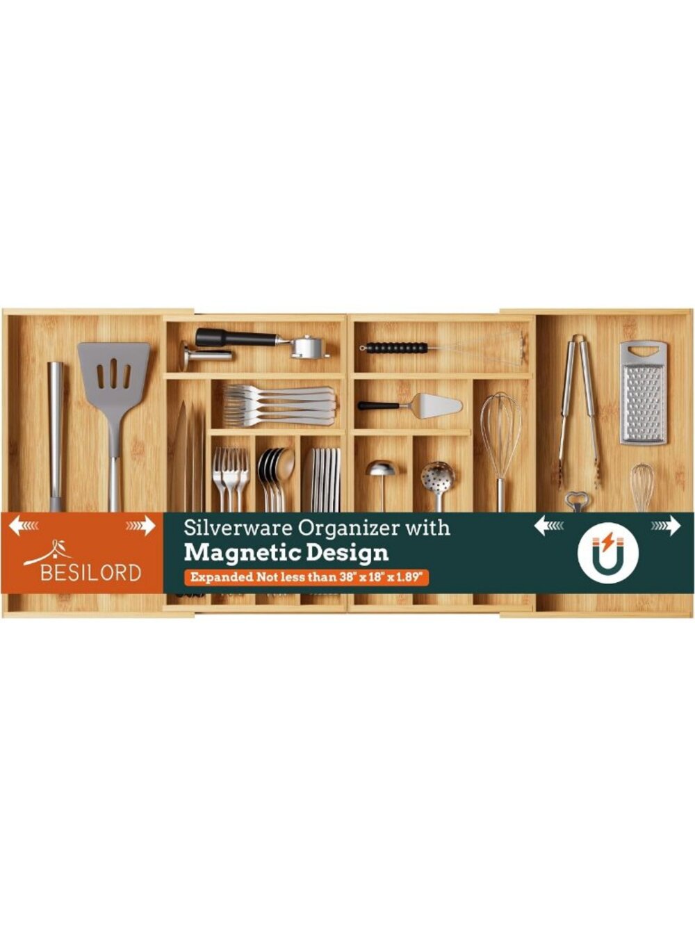 Silverware Organizer Large, Magnetic Connected Expandable 13 Slots Silverware